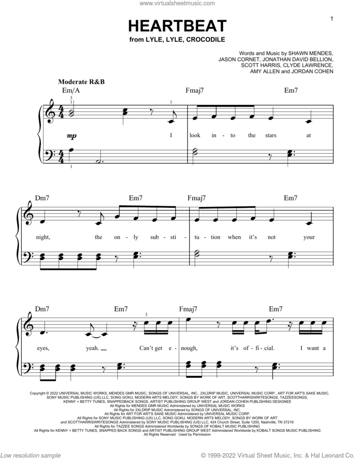 Heartbeat (from Lyle, Lyle, Crocodile) sheet music for piano solo by Shawn Mendes, Amy Allen, Clyde Lawrence, Jason Cornet, Jonathan David Bellion, Jordan Cohen and Scott Harris, easy skill level