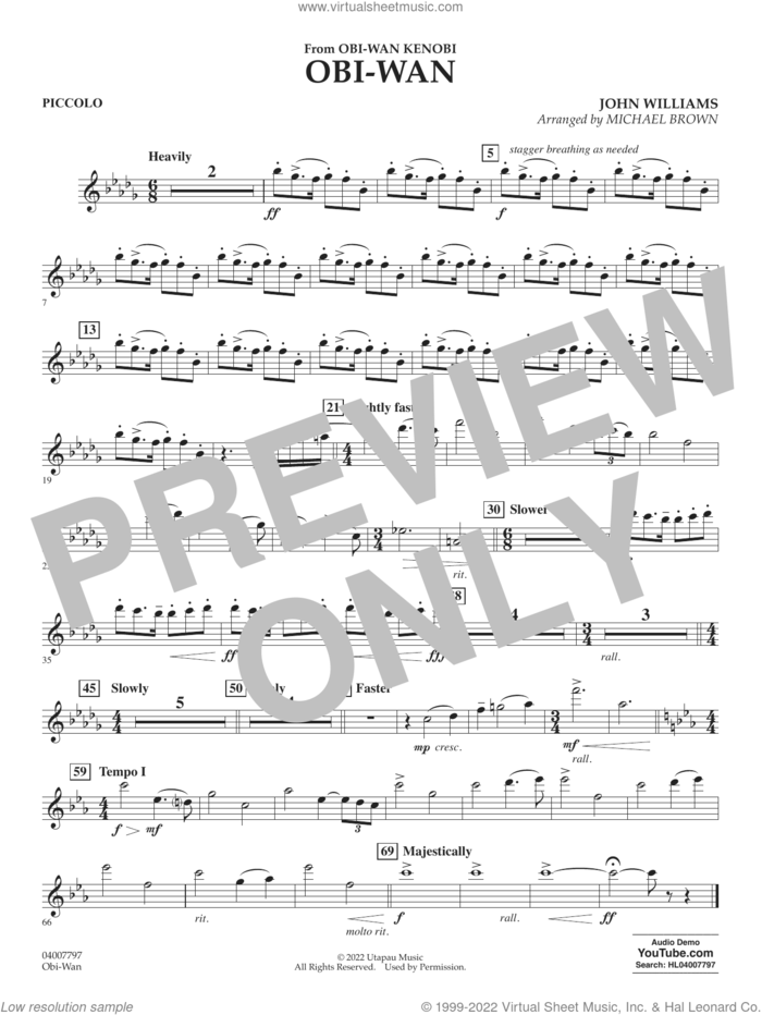 Obi-Wan (arr. Michael Brown) sheet music for concert band (piccolo) by John Williams and Michael Brown, intermediate skill level