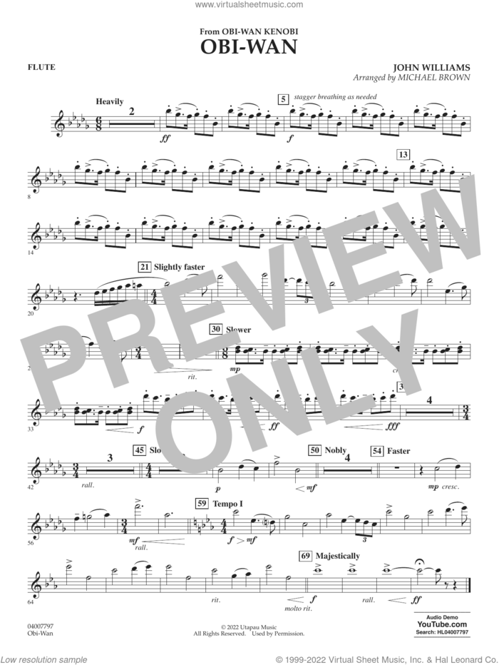 Obi-Wan (arr. Michael Brown) sheet music for concert band (flute) by John Williams and Michael Brown, intermediate skill level