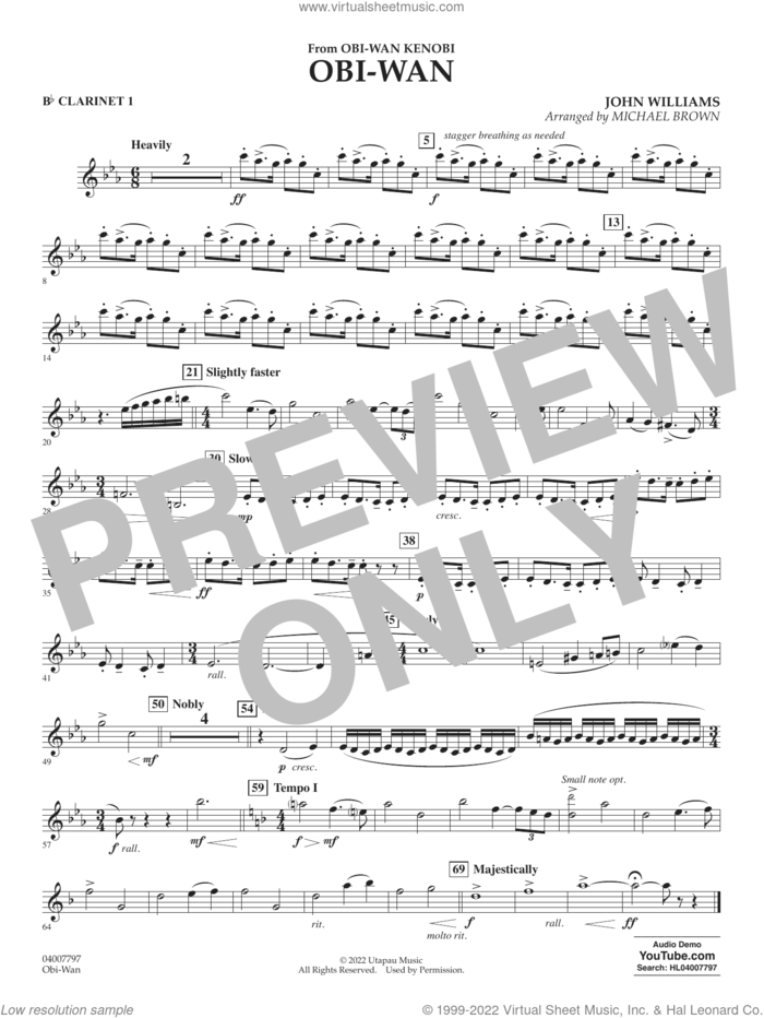 Obi-Wan (arr. Michael Brown) sheet music for concert band (Bb clarinet 1) by John Williams and Michael Brown, intermediate skill level