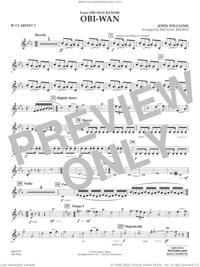 Obi-Wan (arr. Michael Brown) sheet music for concert band (Bb clarinet 2) by John Williams and Michael Brown, intermediate skill level