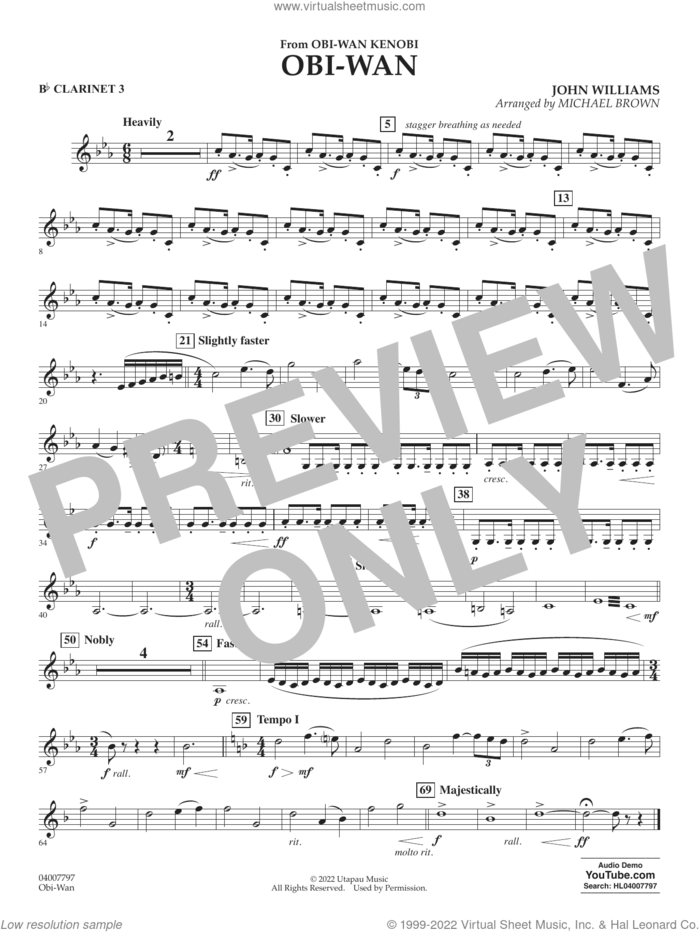 Obi-Wan (arr. Michael Brown) sheet music for concert band (Bb clarinet 3) by John Williams and Michael Brown, intermediate skill level