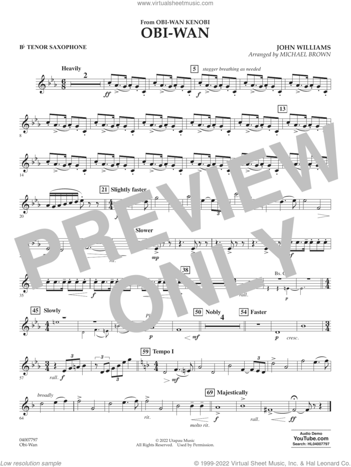Obi-Wan (arr. Michael Brown) sheet music for concert band (Bb tenor saxophone) by John Williams and Michael Brown, intermediate skill level
