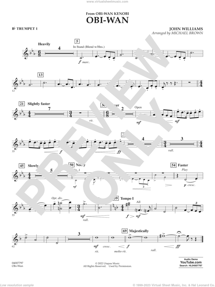 Obi-Wan (arr. Michael Brown) sheet music for concert band (Bb trumpet 1) by John Williams and Michael Brown, intermediate skill level