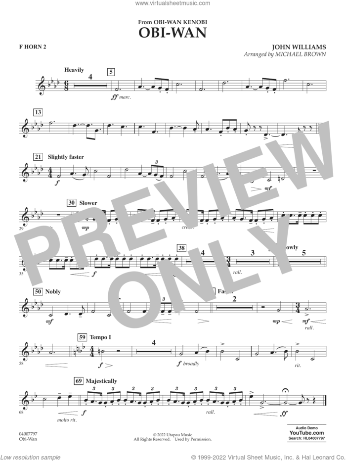 Obi-Wan (arr. Michael Brown) sheet music for concert band (f horn 2) by John Williams and Michael Brown, intermediate skill level