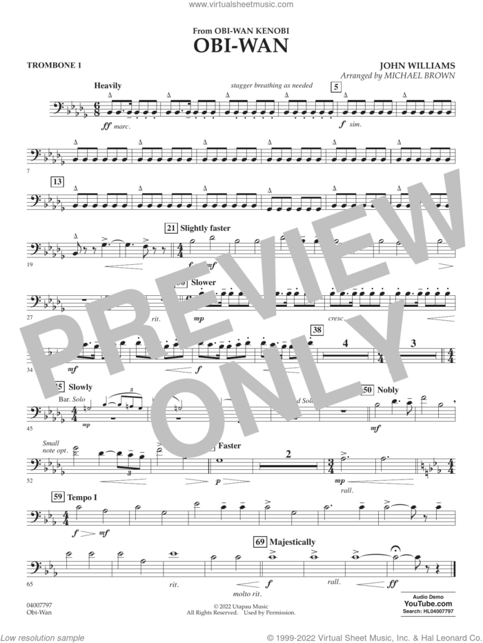 Obi-Wan (arr. Michael Brown) sheet music for concert band (trombone 1) by John Williams and Michael Brown, intermediate skill level