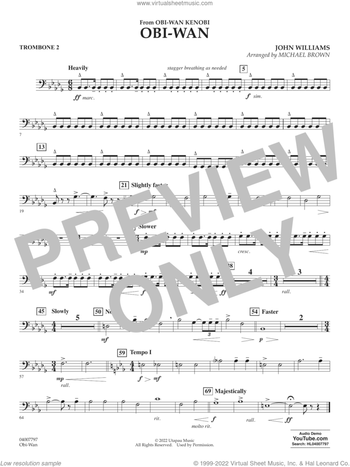 Obi-Wan (arr. Michael Brown) sheet music for concert band (trombone 2) by John Williams and Michael Brown, intermediate skill level