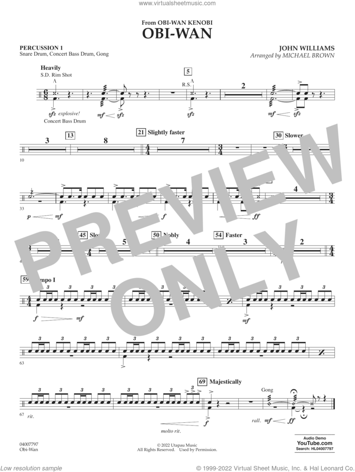 Obi-Wan (arr. Michael Brown) sheet music for concert band (percussion 1) by John Williams and Michael Brown, intermediate skill level