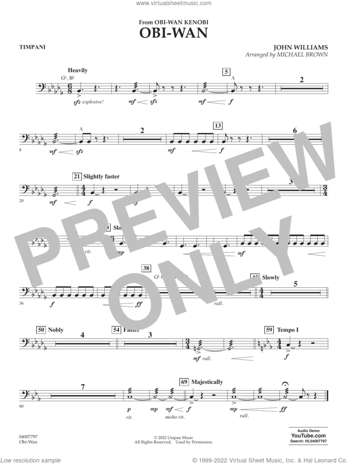 Obi-Wan (arr. Michael Brown) sheet music for concert band (timpani) by John Williams and Michael Brown, intermediate skill level