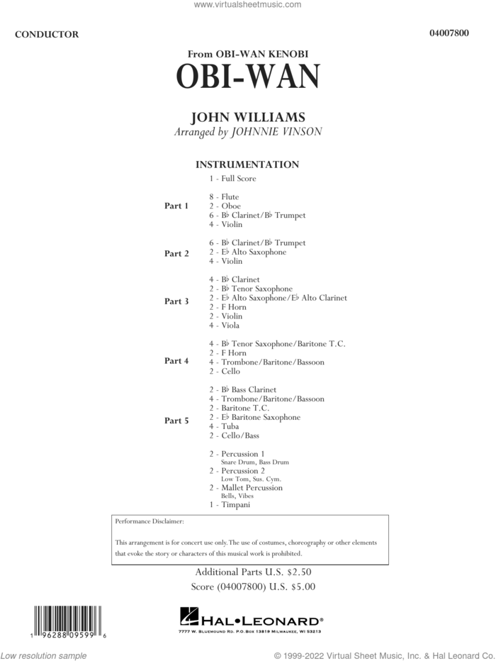 Obi-Wan (arr. Johnnie Vinson) sheet music for concert band (full score) by John Williams and Johnnie Vinson, intermediate skill level