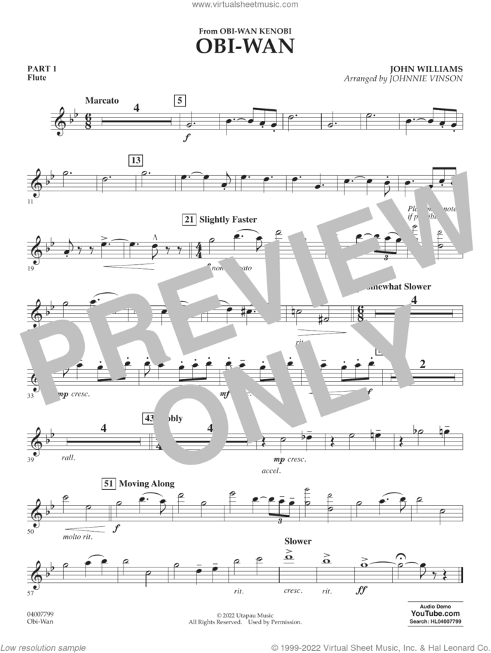 Obi-Wan (arr. Johnnie Vinson) sheet music for concert band (pt.1 - flute) by John Williams and Johnnie Vinson, intermediate skill level