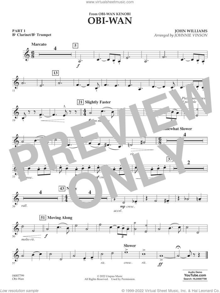 Obi-Wan (arr. Johnnie Vinson) sheet music for concert band (Bb clarinet/bb trumpet) by John Williams and Johnnie Vinson, intermediate skill level