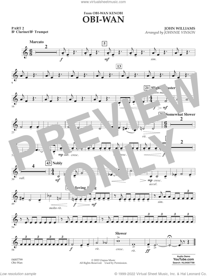 Obi-Wan (arr. Johnnie Vinson) sheet music for concert band (Bb clarinet/bb trumpet) by John Williams and Johnnie Vinson, intermediate skill level