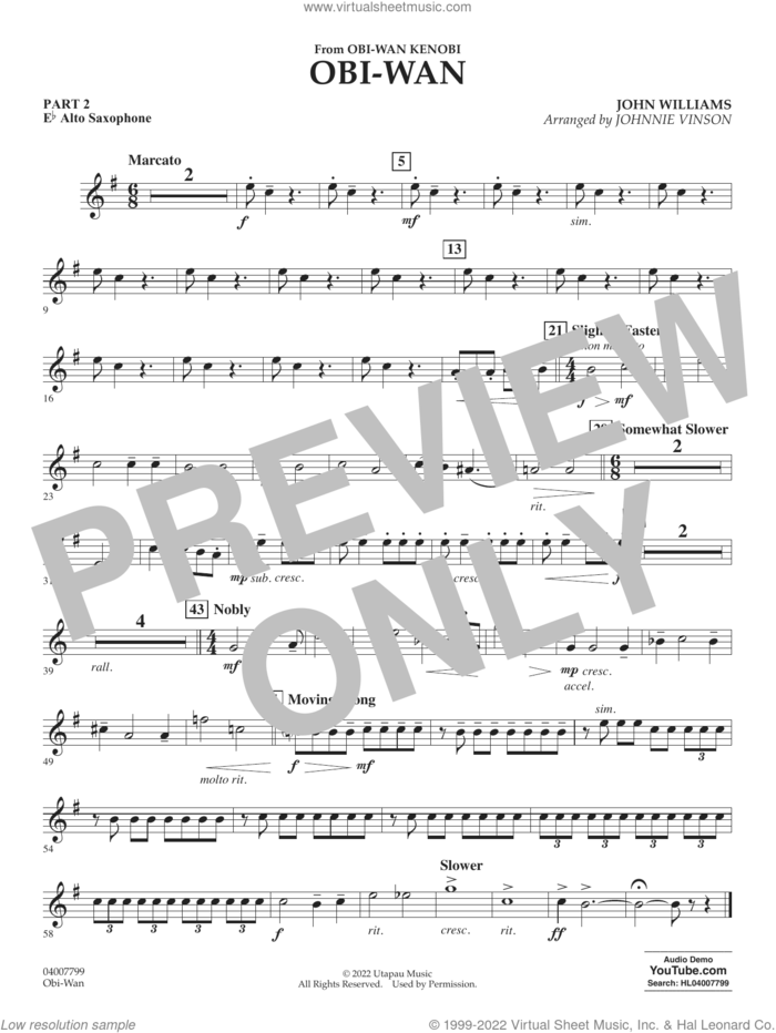 Obi-Wan (arr. Johnnie Vinson) sheet music for concert band (pt.2 - Eb alto saxophone) by John Williams and Johnnie Vinson, intermediate skill level