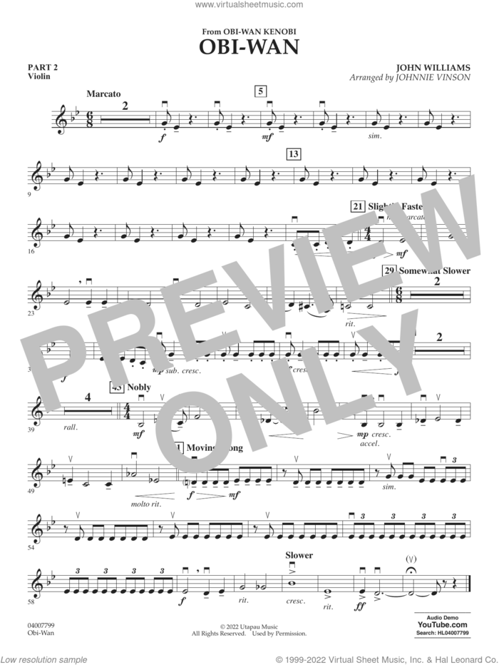 Obi-Wan (arr. Johnnie Vinson) sheet music for concert band (pt.2 - violin) by John Williams and Johnnie Vinson, intermediate skill level