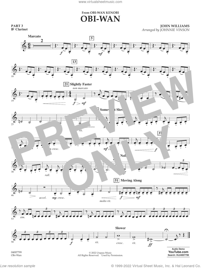 Obi-Wan (arr. Johnnie Vinson) sheet music for concert band (pt.3 - Bb clarinet) by John Williams and Johnnie Vinson, intermediate skill level