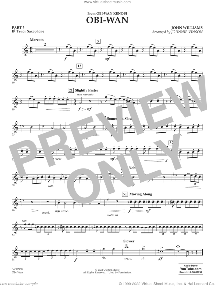 Obi-Wan (arr. Johnnie Vinson) sheet music for concert band (pt.3 - Bb tenor saxophone) by John Williams and Johnnie Vinson, intermediate skill level