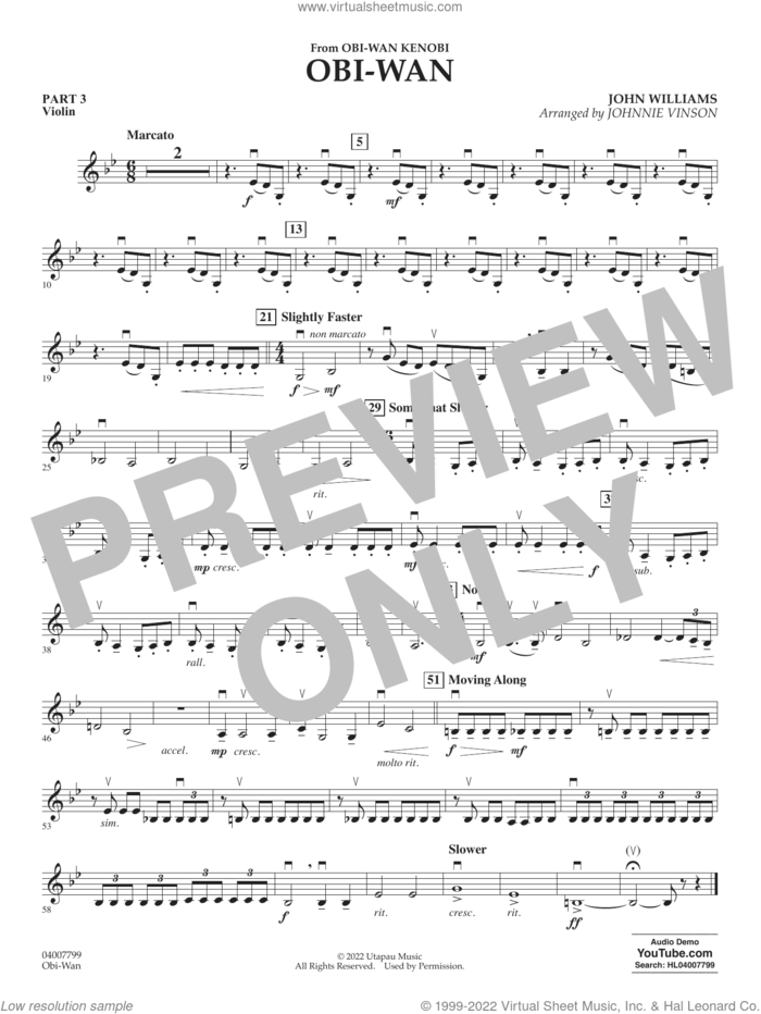 Obi-Wan (arr. Johnnie Vinson) sheet music for concert band (pt.3 - violin) by John Williams and Johnnie Vinson, intermediate skill level