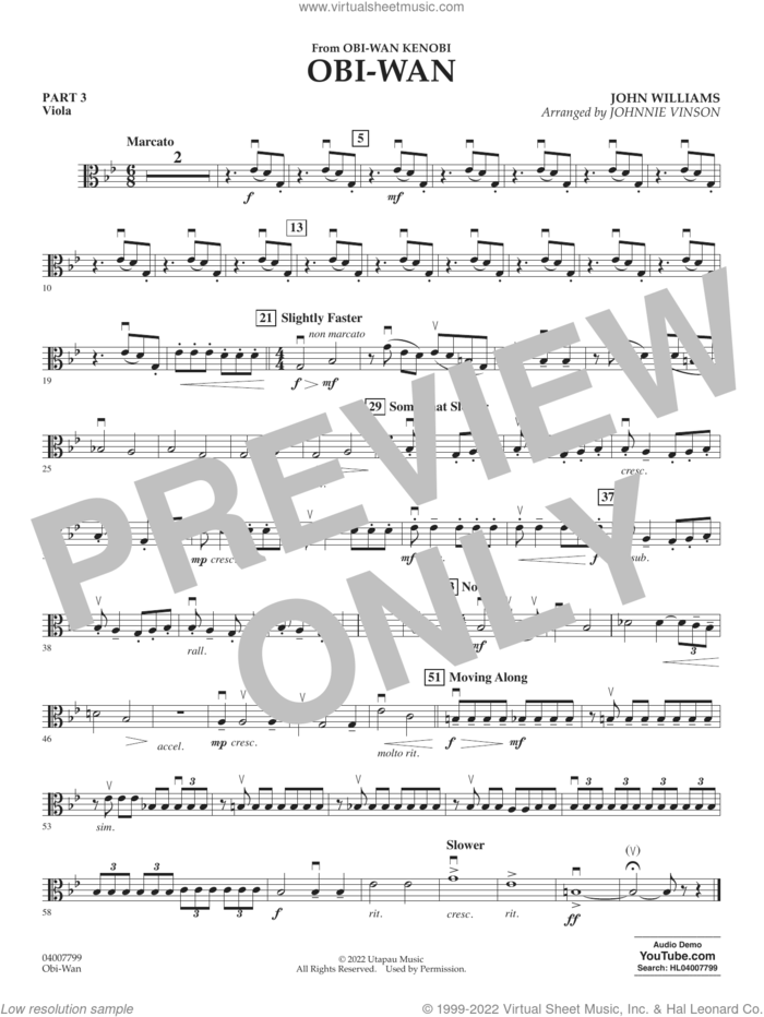 Obi-Wan (arr. Johnnie Vinson) sheet music for concert band (pt.3 - viola) by John Williams and Johnnie Vinson, intermediate skill level
