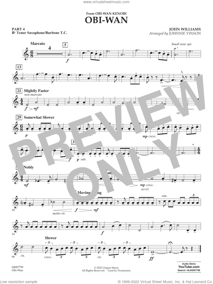 Obi-Wan (arr. Johnnie Vinson) sheet music for concert band (Bb tenor sax/bar. t.c.) by John Williams and Johnnie Vinson, intermediate skill level