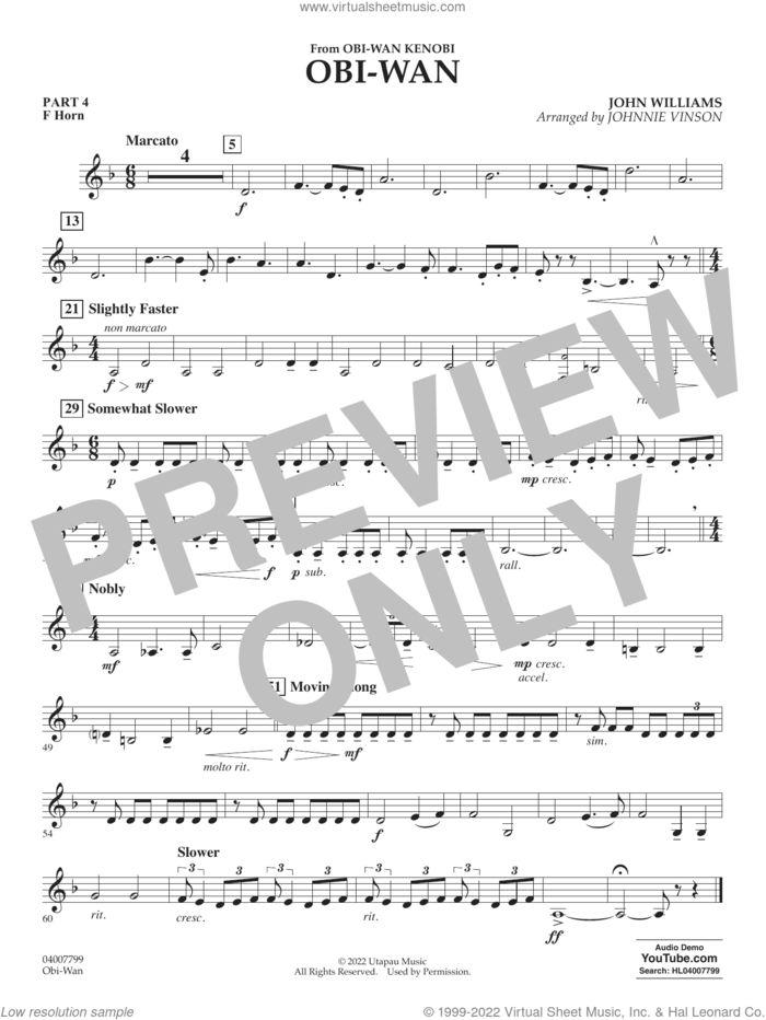 Obi-Wan (arr. Johnnie Vinson) sheet music for concert band (pt.4 - f horn) by John Williams and Johnnie Vinson, intermediate skill level
