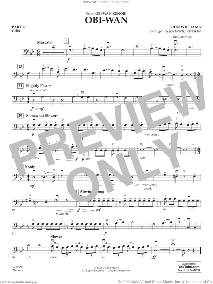 Obi-Wan (arr. Johnnie Vinson) sheet music for concert band (pt.4 - cello) by John Williams and Johnnie Vinson, intermediate skill level