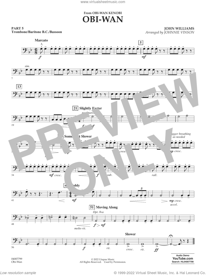 Obi-Wan (arr. Johnnie Vinson) sheet music for concert band (trombone/bar. b.c./bsn.) by John Williams and Johnnie Vinson, intermediate skill level