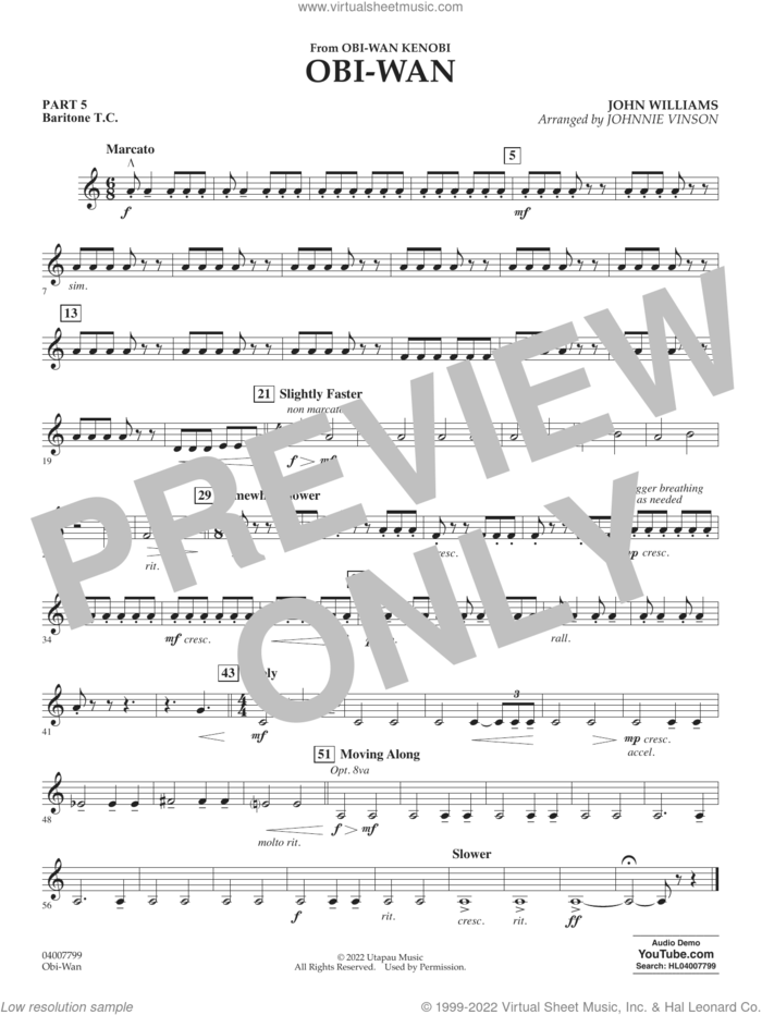 Obi-Wan (arr. Johnnie Vinson) sheet music for concert band (pt.5 - baritone t.c.) by John Williams and Johnnie Vinson, intermediate skill level
