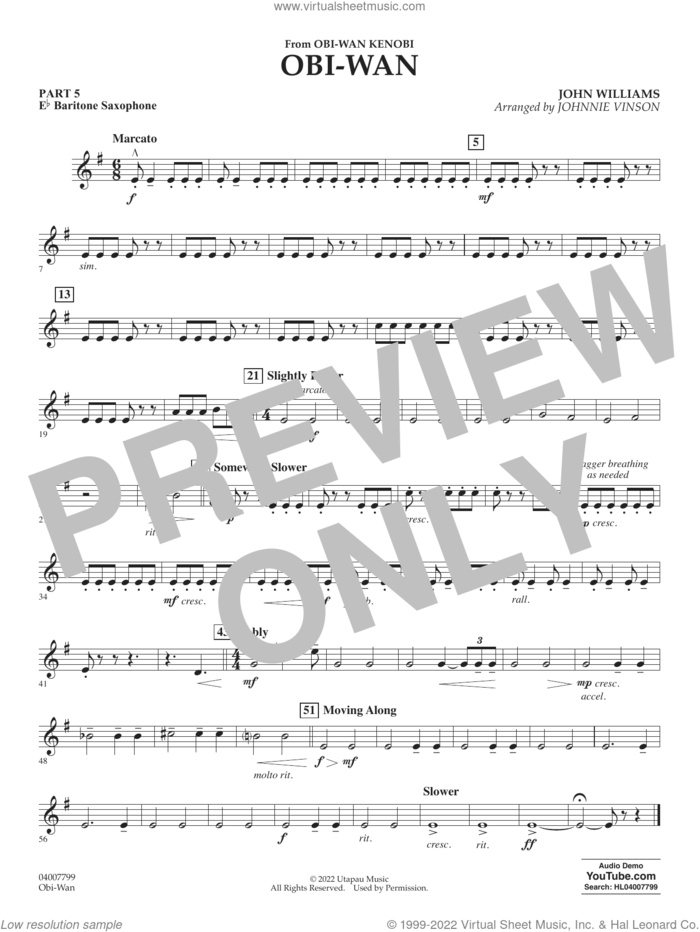 Obi-Wan (arr. Johnnie Vinson) sheet music for concert band (pt.5 - Eb baritone saxophone) by John Williams and Johnnie Vinson, intermediate skill level