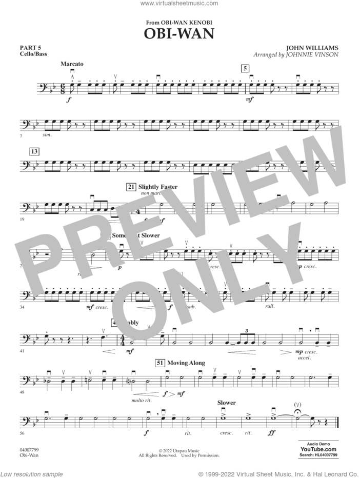 Obi-Wan (arr. Johnnie Vinson) sheet music for concert band (cello/bass) by John Williams and Johnnie Vinson, intermediate skill level