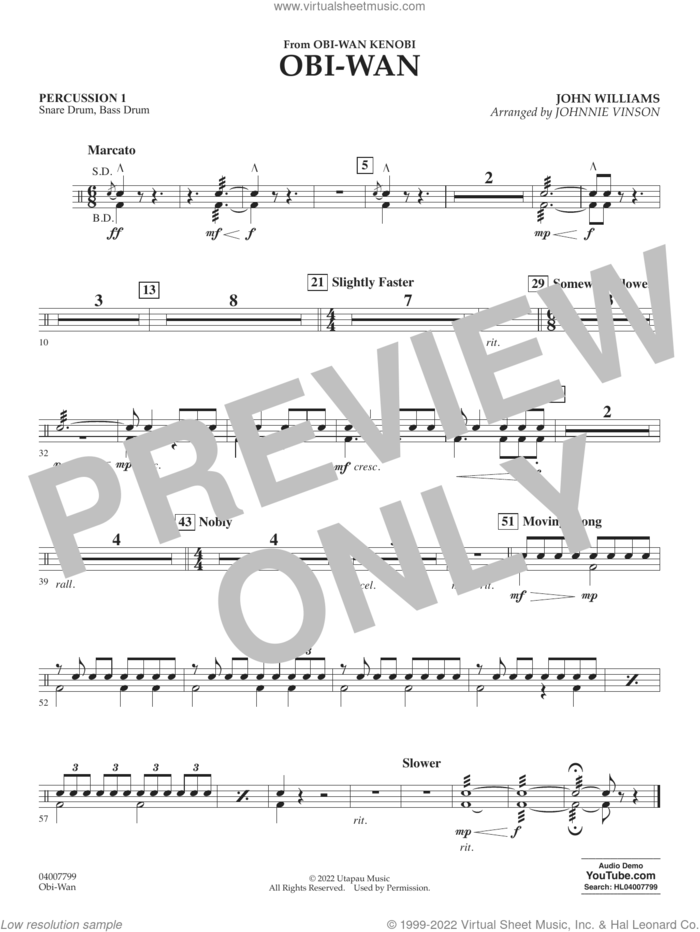 Obi-Wan (arr. Johnnie Vinson) sheet music for concert band (percussion 1) by John Williams and Johnnie Vinson, intermediate skill level