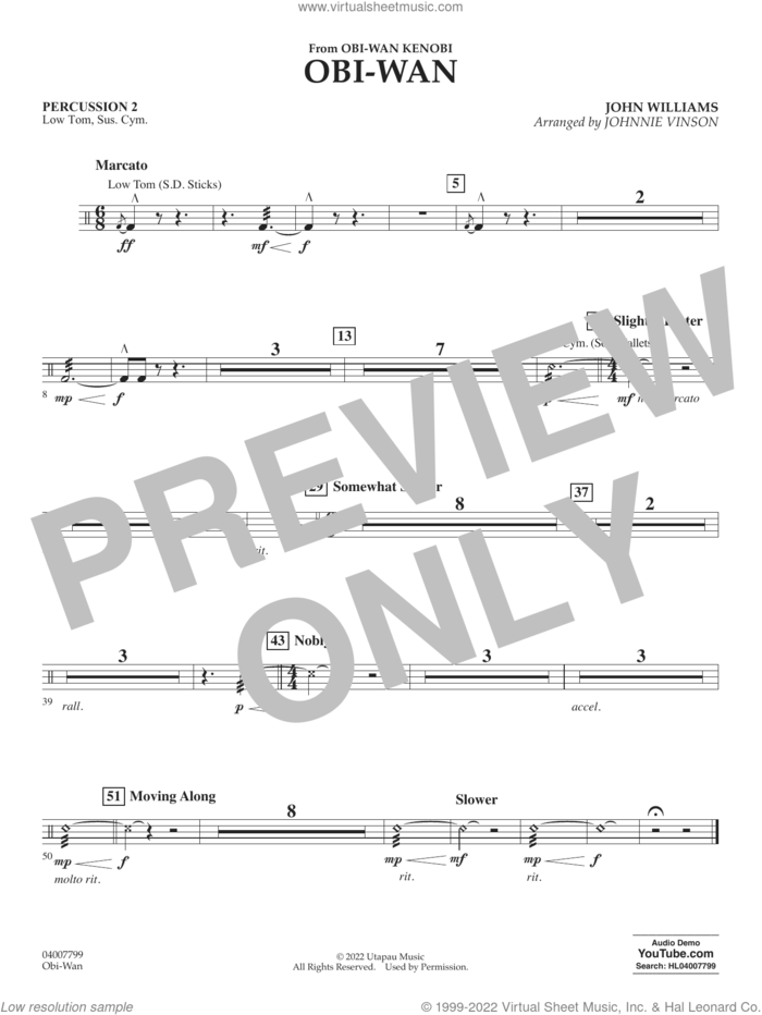 Obi-Wan (arr. Johnnie Vinson) sheet music for concert band (percussion 2) by John Williams and Johnnie Vinson, intermediate skill level