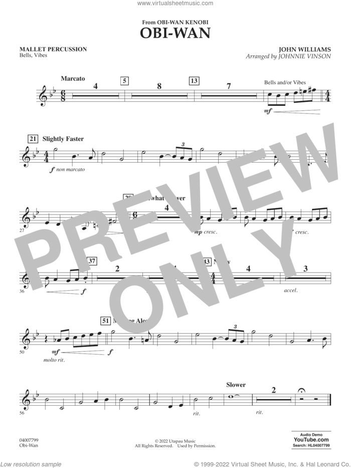 Obi-Wan (arr. Johnnie Vinson) sheet music for concert band (mallet percussion) by John Williams and Johnnie Vinson, intermediate skill level