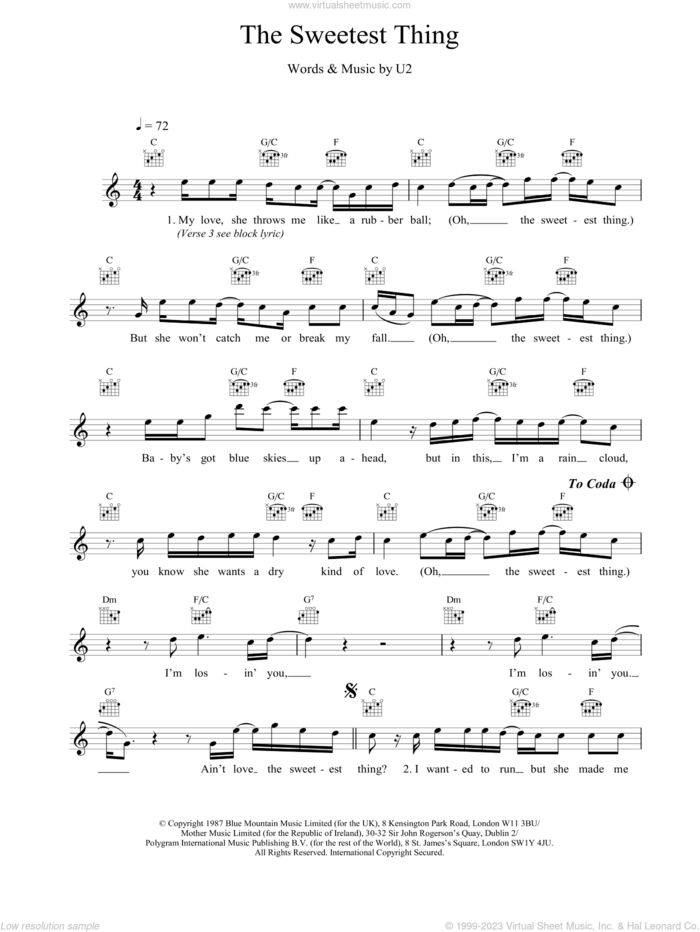 The Sweetest Thing sheet music for voice and other instruments (fake book) by U2, intermediate skill level