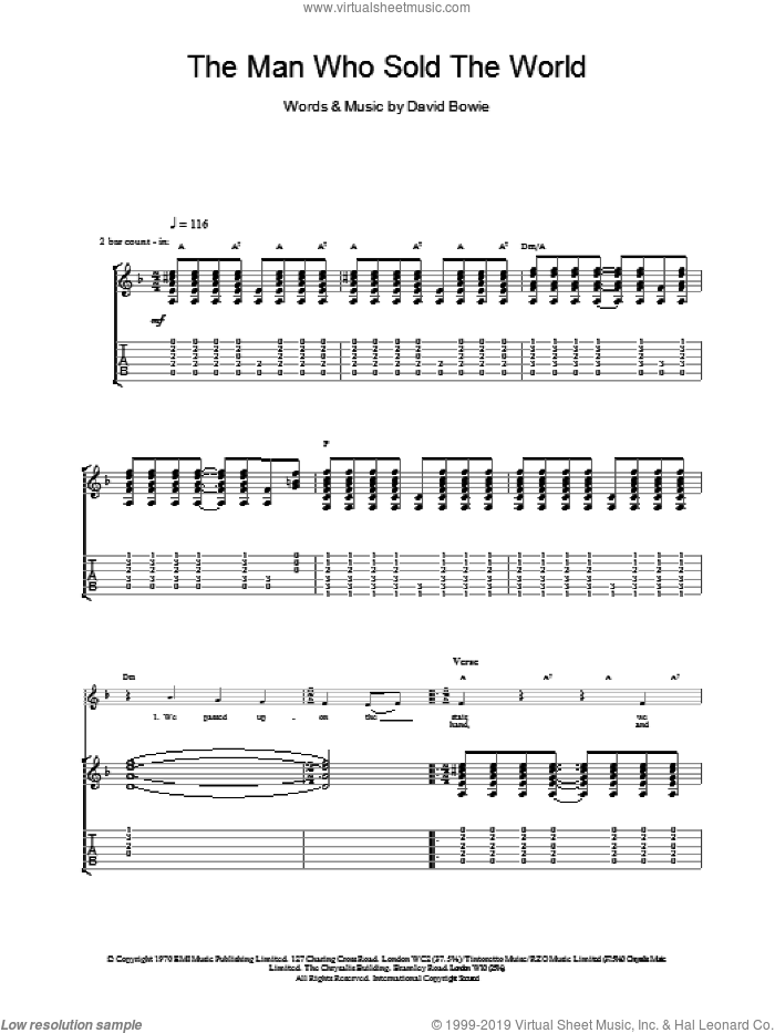 The Man Who Sold The World sheet music for guitar (tablature) by David Bowie, intermediate skill level
