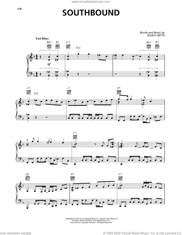 Southbound sheet music for voice, piano or guitar by Allman Brothers Band and Dickey Betts, intermediate skill level