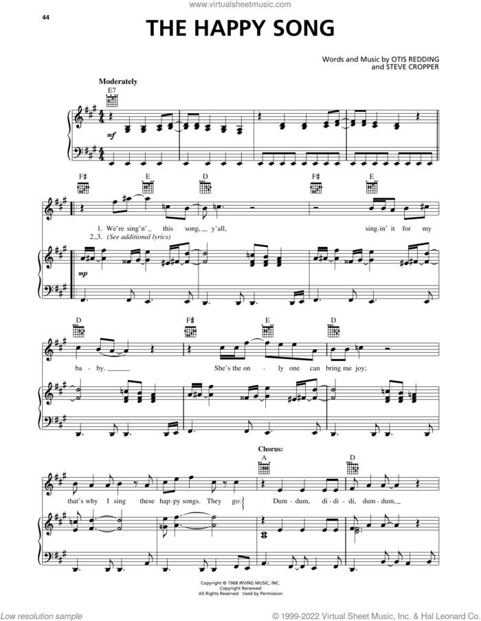 The Happy Song sheet music for voice, piano or guitar by Otis Redding and Steve Cropper, intermediate skill level
