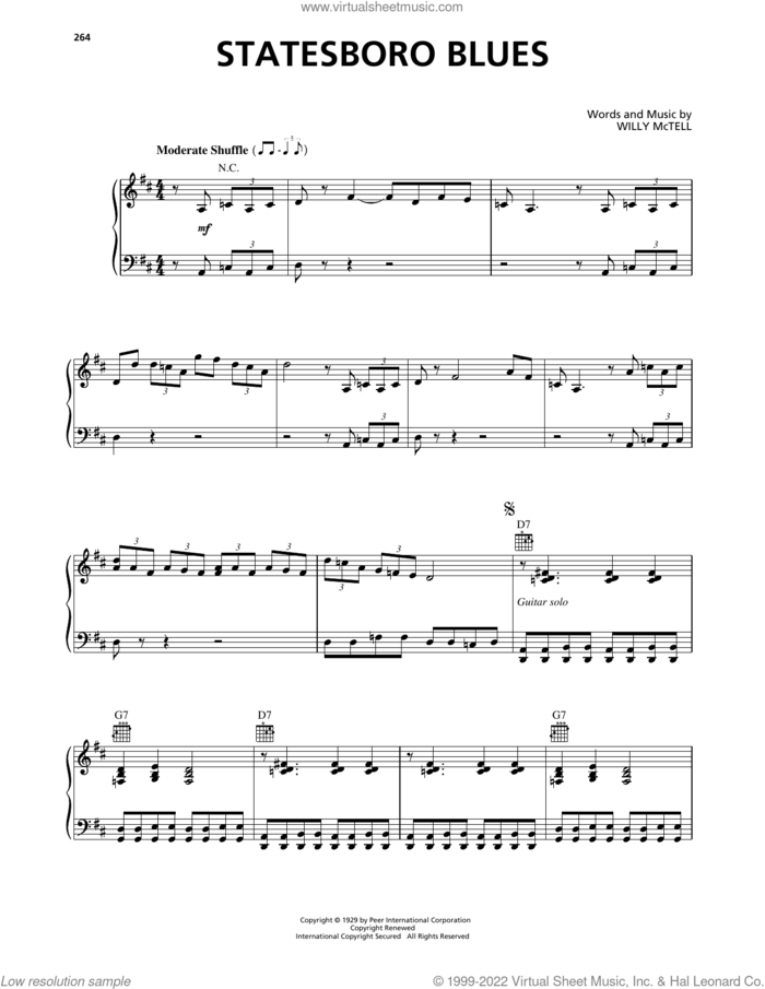Statesboro Blues sheet music for voice, piano or guitar by Allman Brothers Band and Willie McTell, intermediate skill level