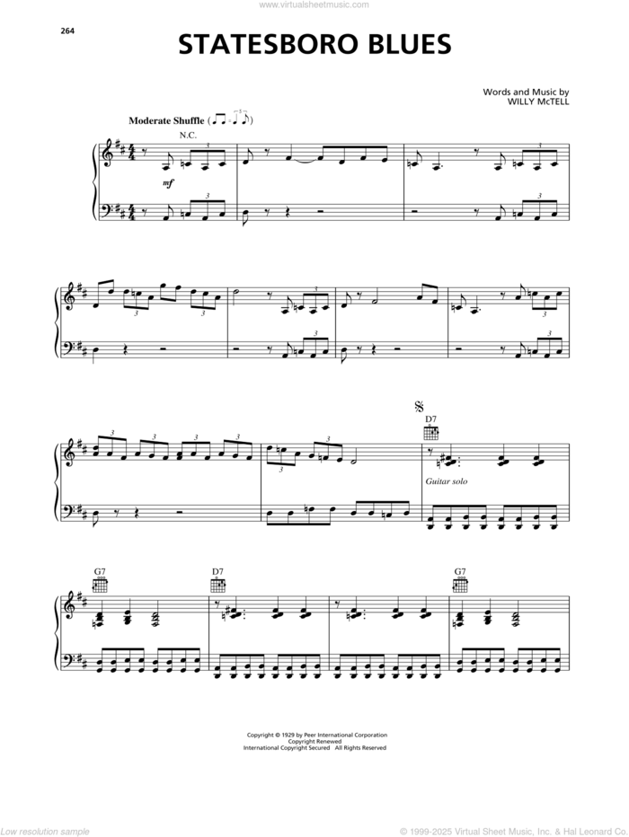 Statesboro Blues sheet music for voice, piano or guitar by Allman Brothers Band and Willie McTell, intermediate skill level