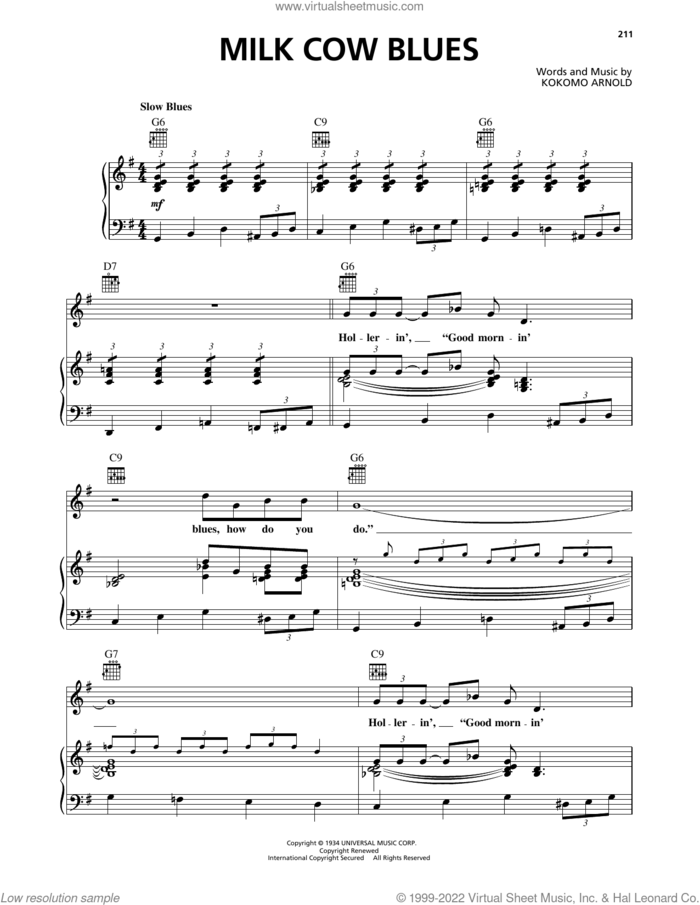 Milk Cow Blues sheet music for voice, piano or guitar by Ricky Nelson, Johnny Cash, June Carter Cash and Kokomo Arnold, intermediate skill level