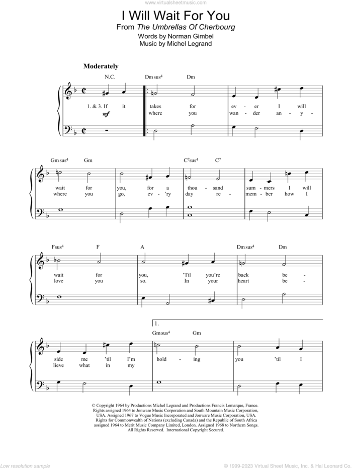 I Will Wait For You sheet music for piano solo by Michel Legrand and Norman Gimbel, intermediate skill level