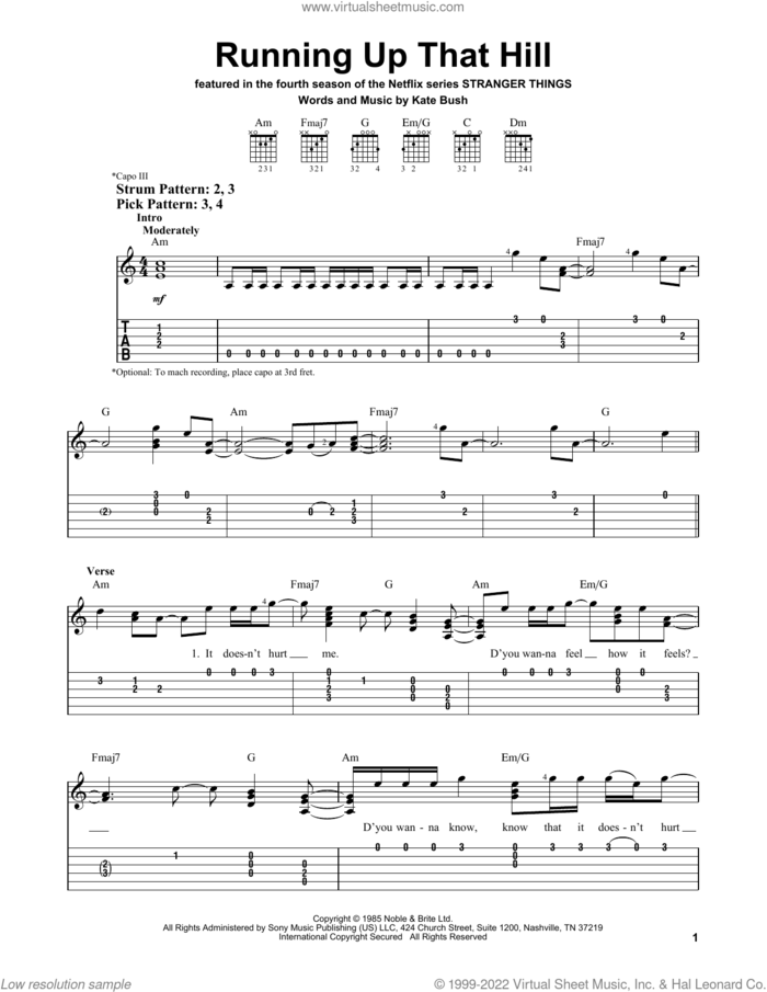 Running Up That Hill sheet music for guitar solo (easy tablature) by Kate Bush, easy guitar (easy tablature)