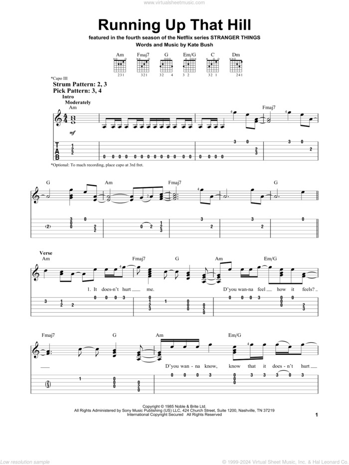 Running Up That Hill sheet music for guitar solo (easy tablature) by Kate Bush, easy guitar (easy tablature)