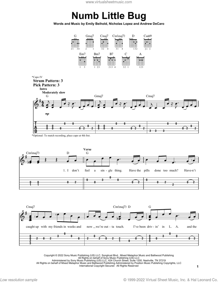 Numb Little Bug sheet music for guitar solo (easy tablature) by Em Beihold, Andrew DeCaro, Emily Beihold and Nicholas Lopez, easy guitar (easy tablature)