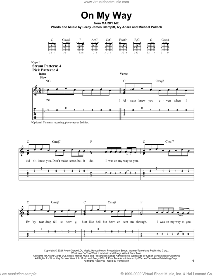 On My Way (from Marry Me) sheet music for guitar solo (easy tablature) by Jennifer Lopez, Ivy Adara, Leroy James Clampitt and Michael Pollack, easy guitar (easy tablature)