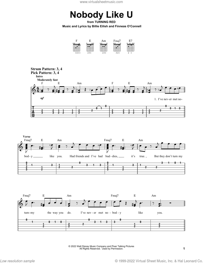 Nobody Like U (from Turning Red) sheet music for guitar solo (easy tablature) by 4*TOWN and Billie Eilish, easy guitar (easy tablature)