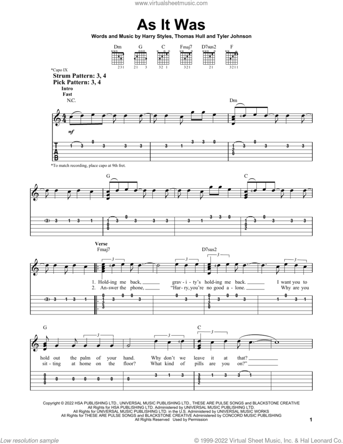 As It Was sheet music for guitar solo (easy tablature) by Harry Styles, Tom Hull and Tyler Johnson, easy guitar (easy tablature)