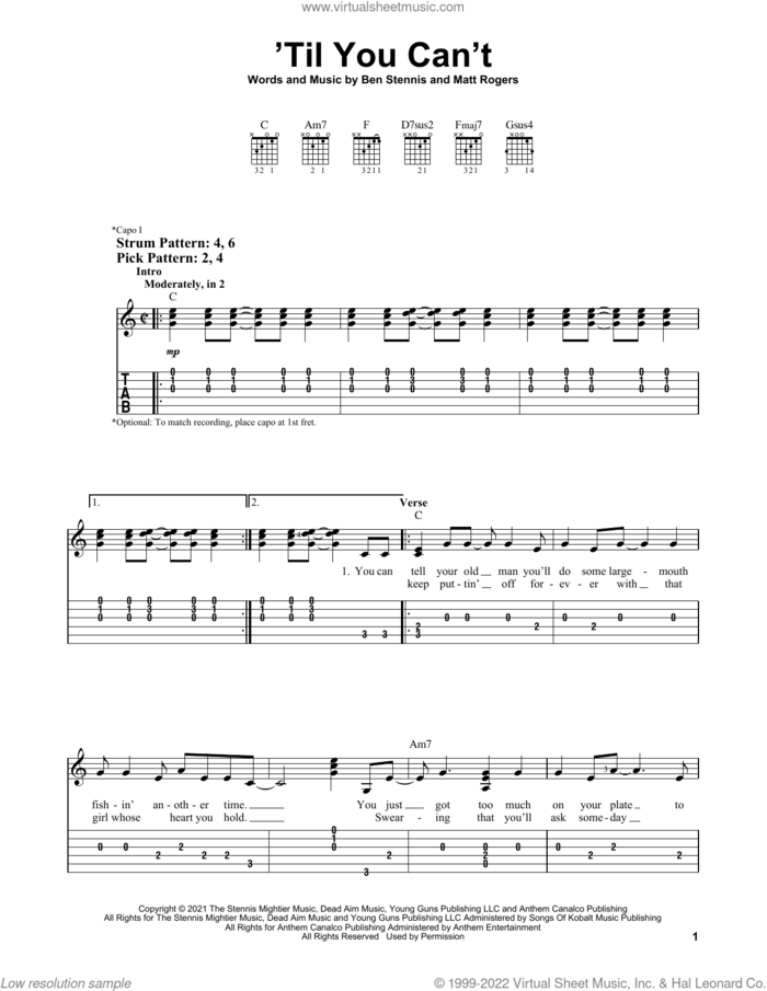 'Til You Can't sheet music for guitar solo (easy tablature) by Cody Johnson, Ben Stennis and Matt Rogers, easy guitar (easy tablature)