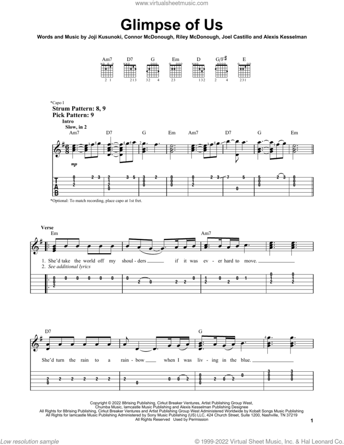 Glimpse Of Us sheet music for guitar solo (easy tablature) by Joji, Alexis Kesselman, Connor McDonough, Joel Castillo, Joji Kusunoki and Riley McDonough, easy guitar (easy tablature)
