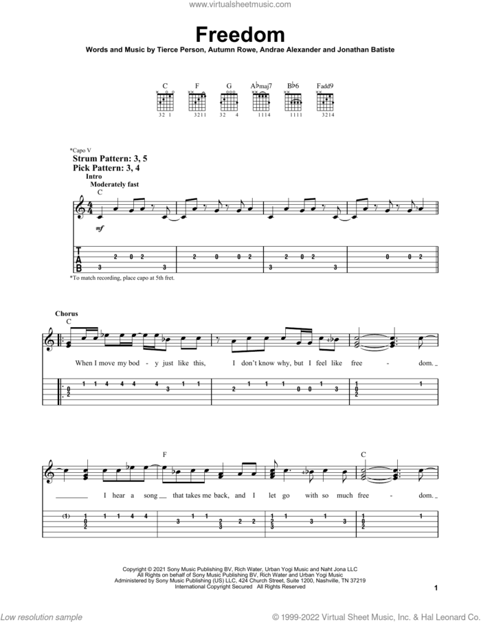 FREEDOM sheet music for guitar solo (easy tablature) by Jon Batiste, Andrae Alexander, Autumn Rowe, Jonathan Batiste and Tierce Person, easy guitar (easy tablature)